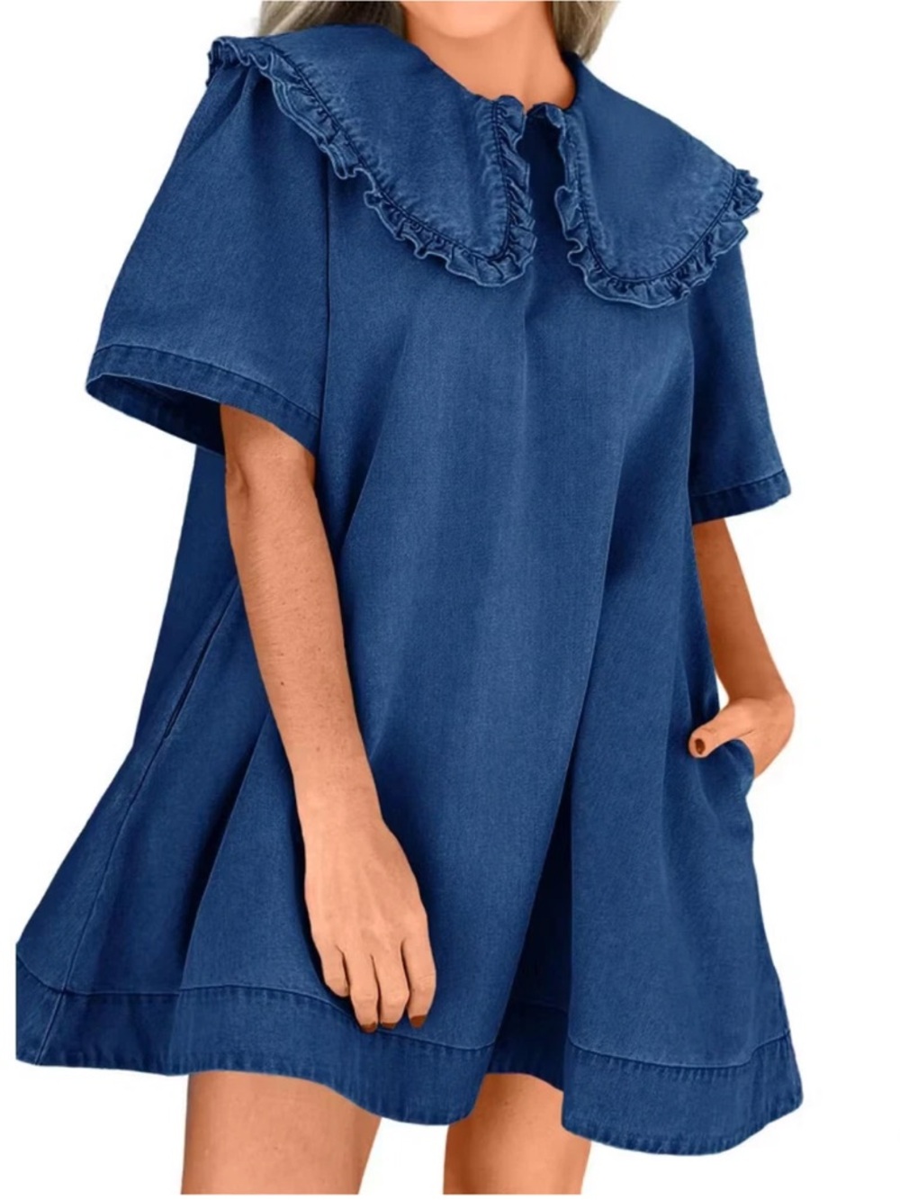 Imily Bela Womens Summer Denim Mini Dress Oversized Peter Pan Collar Short